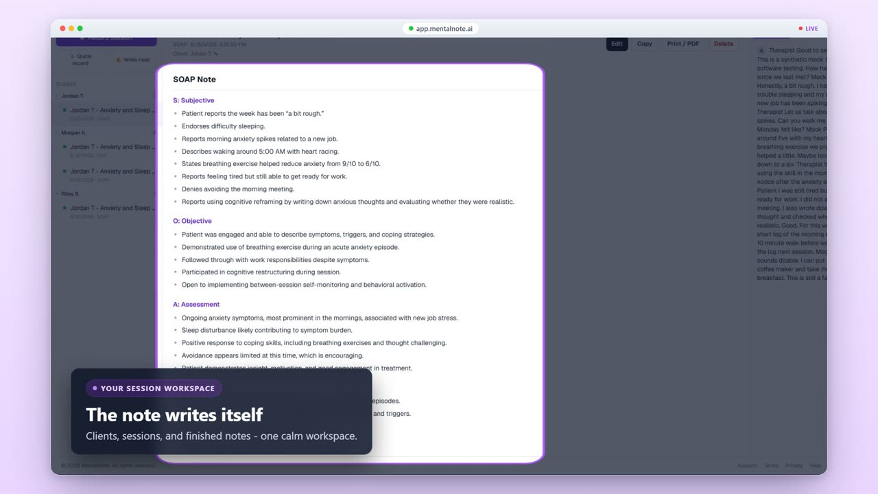 MentalNote web app showing a finished SOAP note beside the session transcript